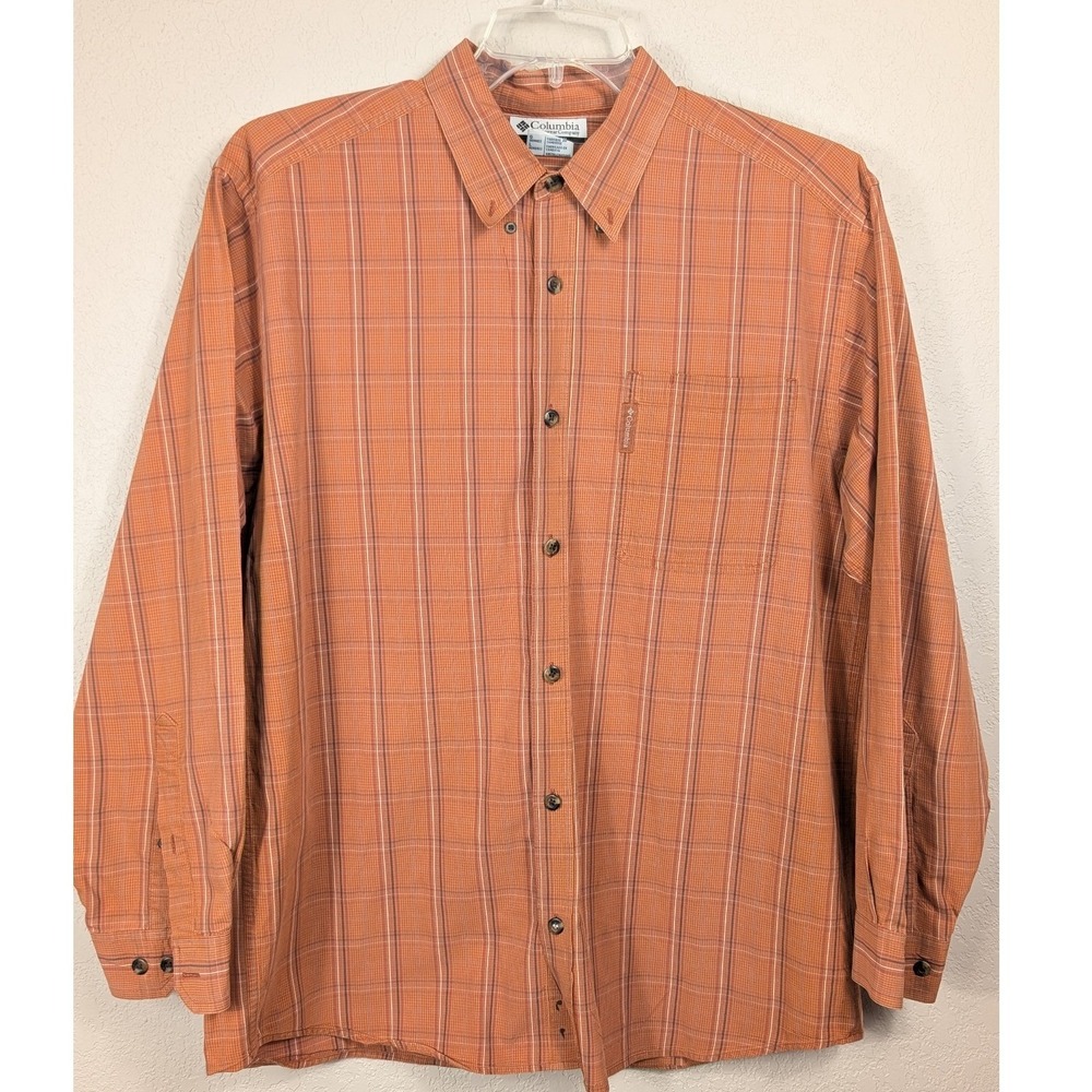 Columbia Button Down Shirt Cotton Men Large Orange Plaid Long Sleeve Outdoor